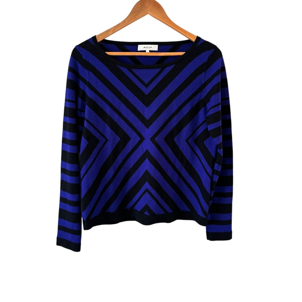 Milly Chevron Geo Intarsia‎ Merino Wool Sweater Womens Size L Blue Black Edgy